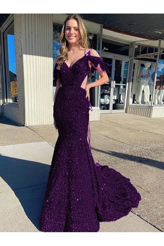 Velvet Sequin Spaghetti Straps Court Train Sleeveless Prom Dress / Evening Dress Southampton