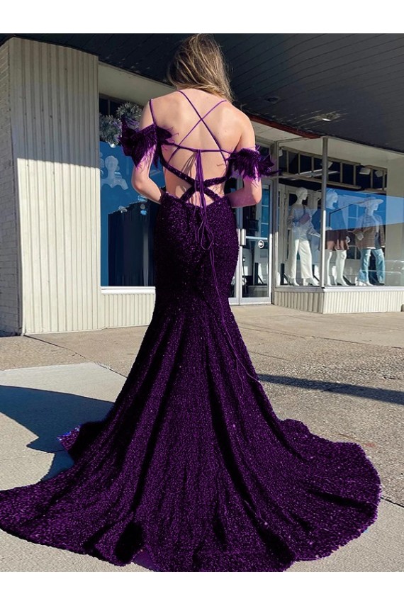 Velvet Sequin Spaghetti Straps Court Train Sleeveless Prom Dress / Evening Dress Southampton