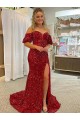 Velvet Sequin Off the Shoulder Court Train Short Sleeves Prom Dress / Evening Dress Southampton