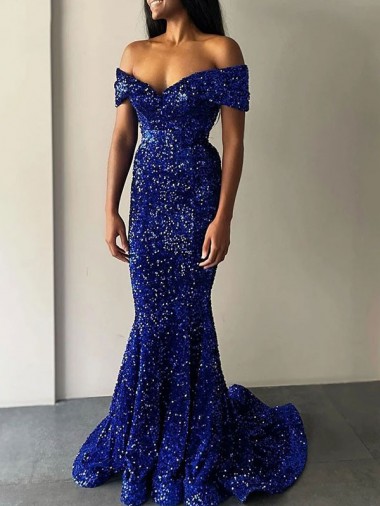 Velvet Sequin Off the Shoulder Sweep Train Sleeveless Prom Dresses Southampton