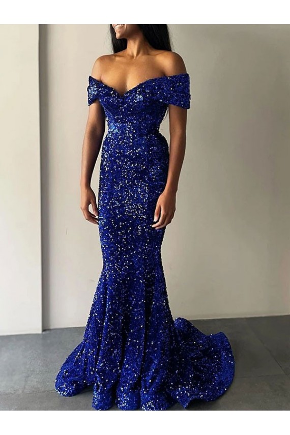 Velvet Sequin Off the Shoulder Sweep Train Sleeveless Prom Dresses Southampton