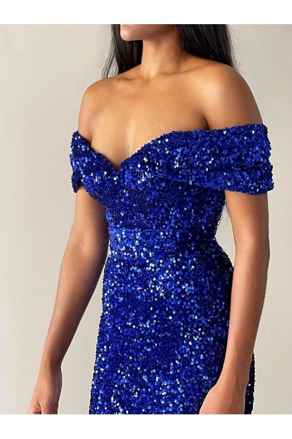 Velvet Sequin Off the Shoulder Sweep Train Sleeveless Prom Dresses Southampton
