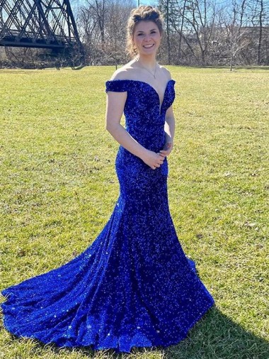 Velvet Sequin Off the Shoulder Sweep Train Sleeveless Prom Dress Southampton
