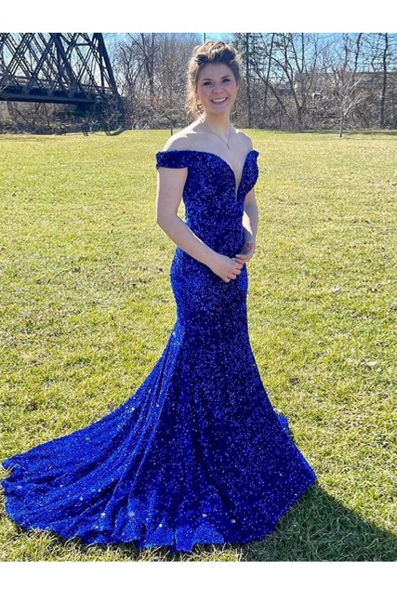 Velvet Sequin Off the Shoulder Sweep Train Sleeveless Prom Dress Southampton