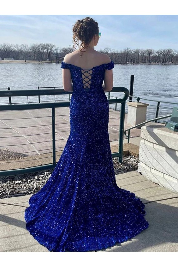 Velvet Sequin Off the Shoulder Sweep Train Sleeveless Prom Dress Southampton