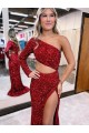 Velvet Sequin One Shoulder Sweep Train Long Sleeves Evening Dress Southampton