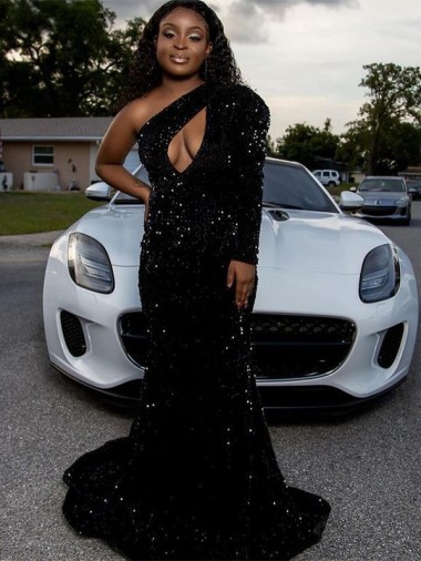 Velvet Sequin One Shoulder Sweep Train Long Sleeves Prom Dress Southampton