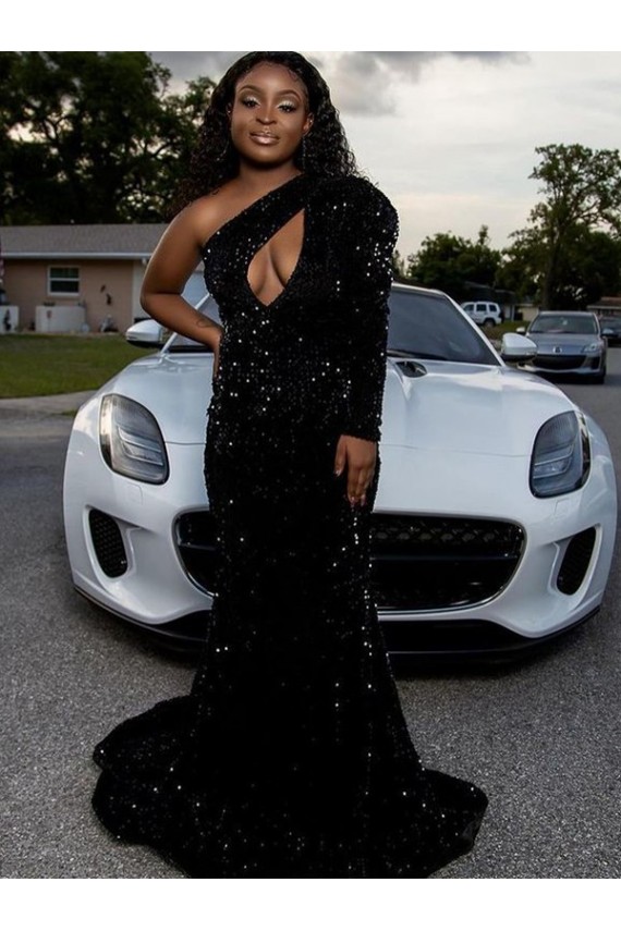 Velvet Sequin One Shoulder Sweep Train Long Sleeves Prom Dress Southampton
