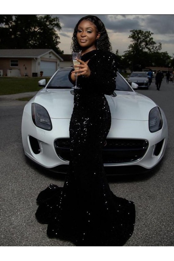Velvet Sequin One Shoulder Sweep Train Long Sleeves Prom Dress Southampton
