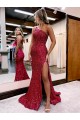 Burgundy Velvet Sequin One Shoulder Sweep Train Sleeveless Evening Dress Southampton