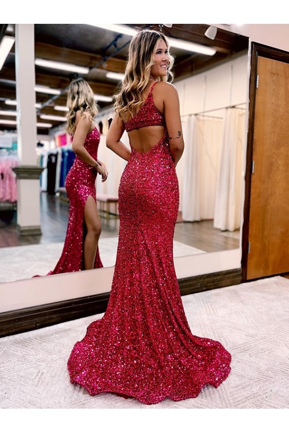 Burgundy Velvet Sequin One Shoulder Sweep Train Sleeveless Evening Dress Southampton