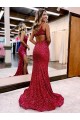 Burgundy Velvet Sequin One Shoulder Sweep Train Sleeveless Evening Dress Southampton