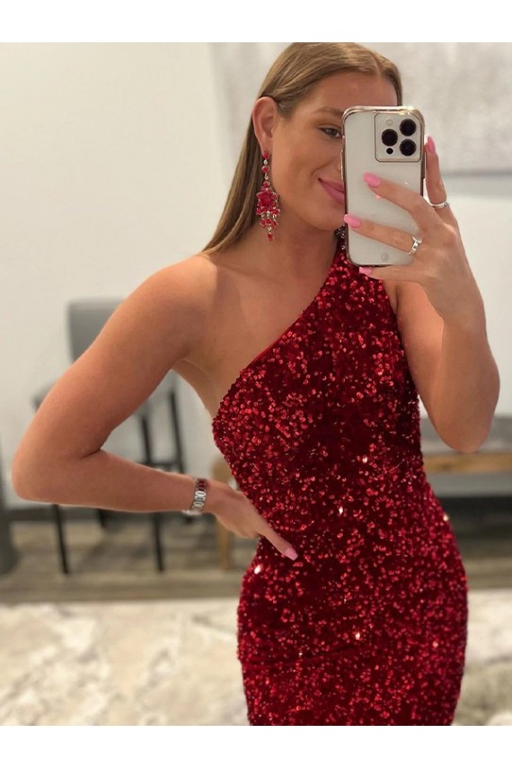 Velvet Sequin One Shoulder Sweep Train Sleeveless Prom Dress Southampton