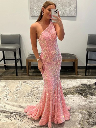 Velvet Sequin One Shoulder Sweep Train Sleeveless Prom Dress Southampton
