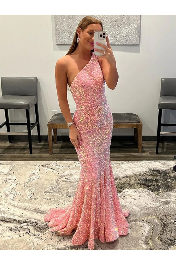 Velvet Sequin One Shoulder Sweep Train Sleeveless Prom Dress Southampton