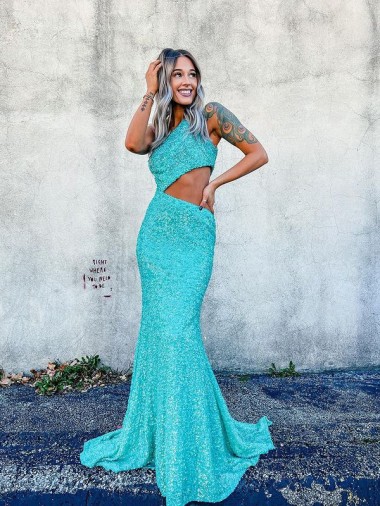 Velvet Sequin One Shoulder Sweep Train Sleeveless Prom Dresses Southampton