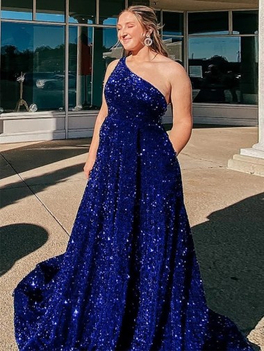 Velvet Sequin One Shoulder Sweep Train Sleeveless Prom Dress / Evening Gown Southampton