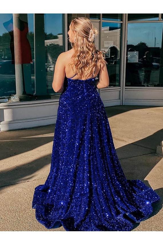 Velvet Sequin One Shoulder Sweep Train Sleeveless Prom Dress / Evening Gown Southampton