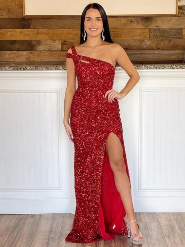 Velvet Sequin One Shoulder Sweep Train Sleeveless Prom Dress Southampton