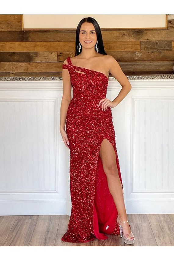 Velvet Sequin One Shoulder Sweep Train Sleeveless Prom Dress Southampton