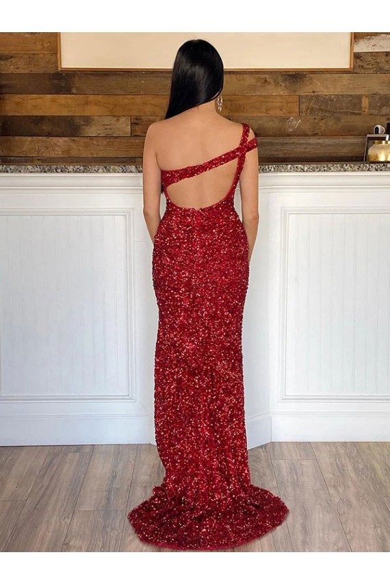 Velvet Sequin One Shoulder Sweep Train Sleeveless Prom Dress Southampton