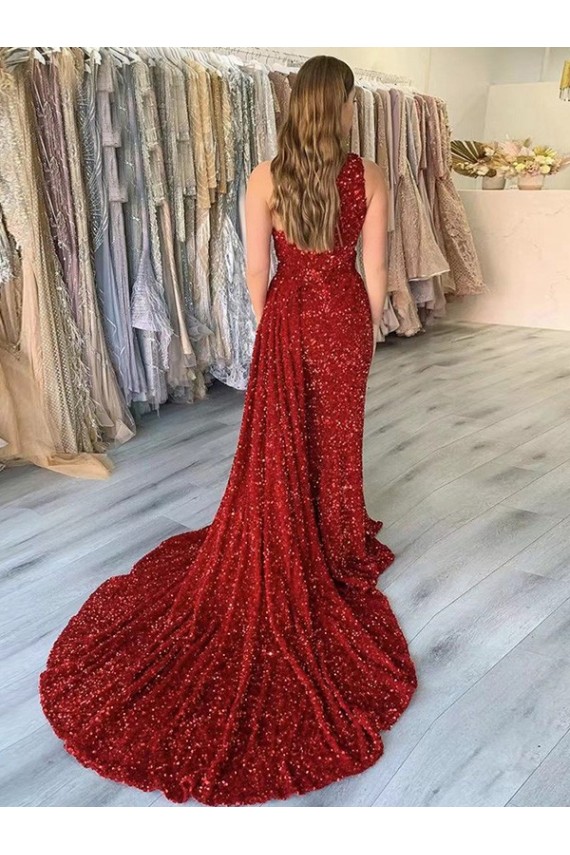 Velvet Sequin One Shoulder Court Train Sleeveless Prom Dress Southampton