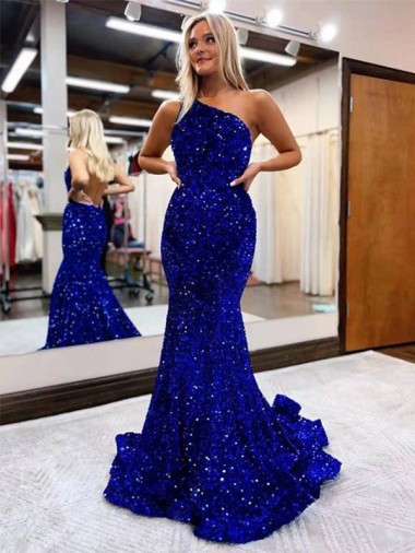 Royal Blue Velvet Sequin One Shoulder Sweep Train Sleeveless Prom Dress Southampton