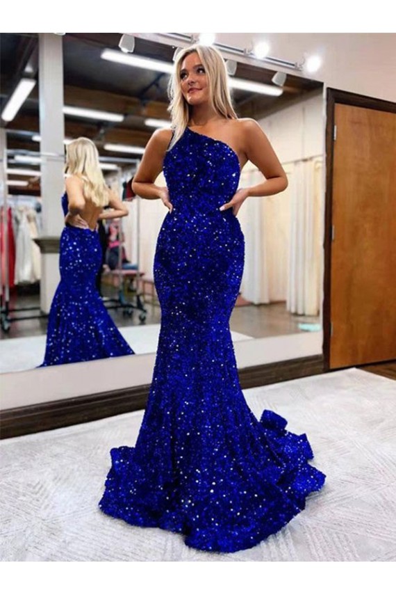 Royal Blue Velvet Sequin One Shoulder Sweep Train Sleeveless Prom Dress Southampton