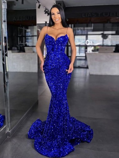 Velvet Sequin Spaghetti Straps Sweep Train Sleeveless Evening Gown / Prom Dress Southampton