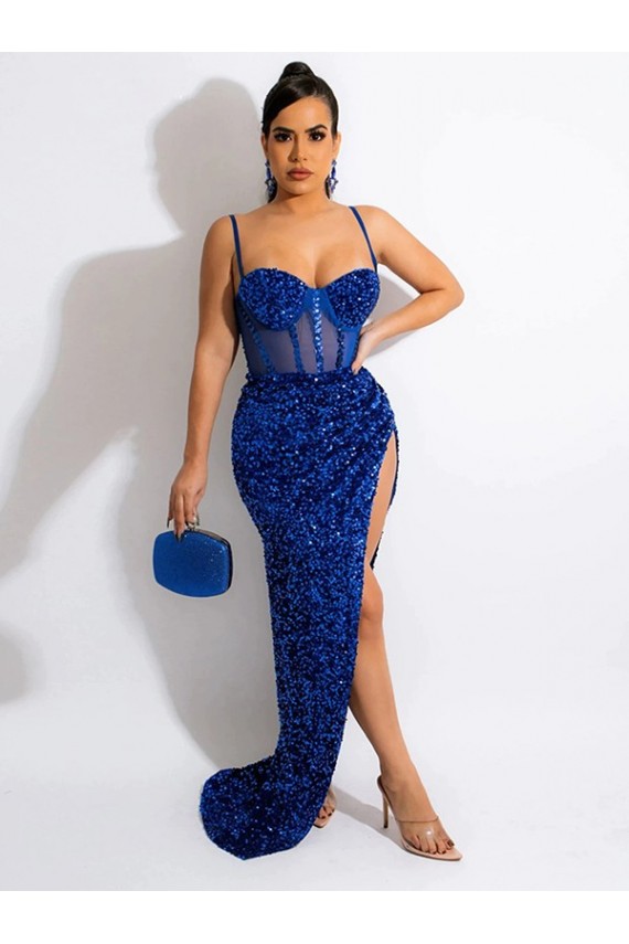 Royal Blue Velvet Sequin Spaghetti Straps Sweep Train Sleeveless Evening Dress Southampton