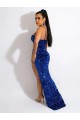 Royal Blue Velvet Sequin Spaghetti Straps Sweep Train Sleeveless Evening Dress Southampton