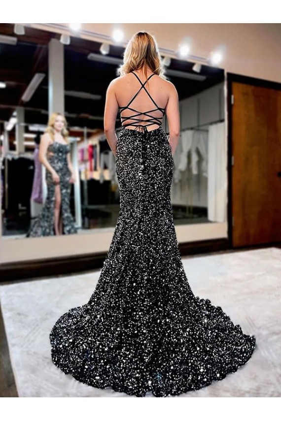 Velvet Sequin Spaghetti Straps Sweep Train Sleeveless Prom Dress Southampton