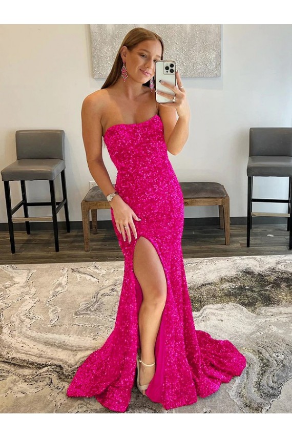 Fuchsia Velvet Sequin Strapless Sweep Train Sleeveless Prom Dress Southampton