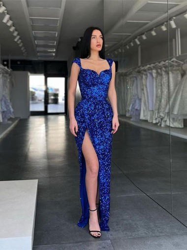 Royal Blue Velvet Sequin Spaghetti Straps Sweep Train Sleeveless Evening Gown / Prom Dress Southampton