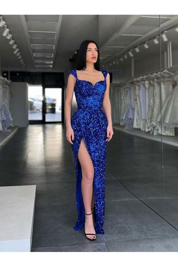 Royal Blue Velvet Sequin Spaghetti Straps Sweep Train Sleeveless Evening Gown / Prom Dress Southampton