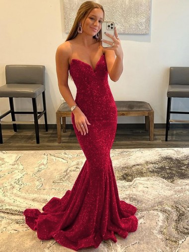 Burgundy Velvet Sequin Sweetheart Sweep Train Sleeveless Prom Dress Southampton