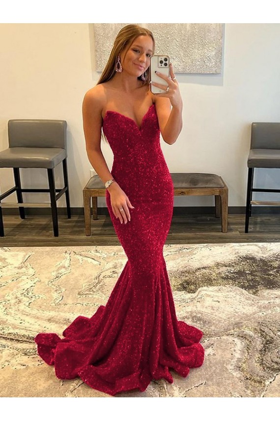 Burgundy Velvet Sequin Sweetheart Sweep Train Sleeveless Prom Dress Southampton