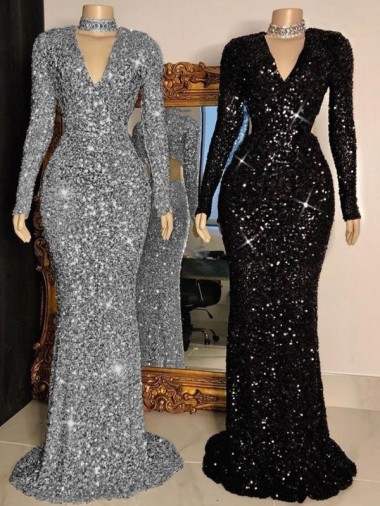 Velvet Sequin V-Neck Sweep Train Long Sleeves Prom Dress Southampton