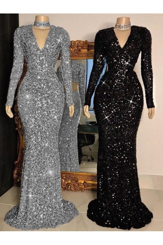 Velvet Sequin V-Neck Sweep Train Long Sleeves Prom Dress Southampton