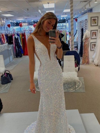 Velvet Sequin V-Neck Sweep Train Sleeveless Prom Dresses Southampton