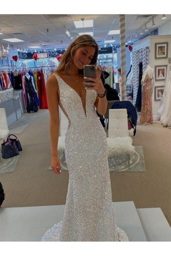 Velvet Sequin V-Neck Sweep Train Sleeveless Prom Dresses Southampton