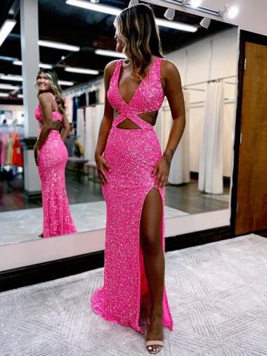 Velvet Sequin V-Neck Long Sweep Train Sleeveless Evening Dress Southampton