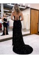 Royal Blue Velvet Sequin V-Neck Sweep Train Sleeveless Evening Dress Southampton
