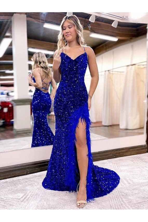 Royal Blue Velvet Sequin V-Neck Sweep Train Sleeveless Evening Dress Southampton
