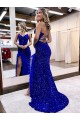 Royal Blue Velvet Sequin V-Neck Sweep Train Sleeveless Evening Dress Southampton