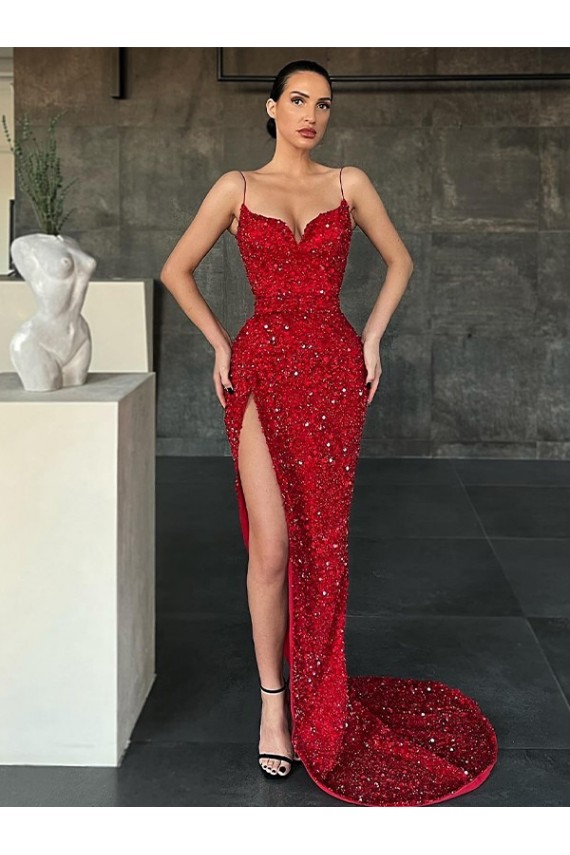 Red Velvet Sequin V-Neck Sweep Train Sleeveless Evening Gown / Prom Dress Southampton