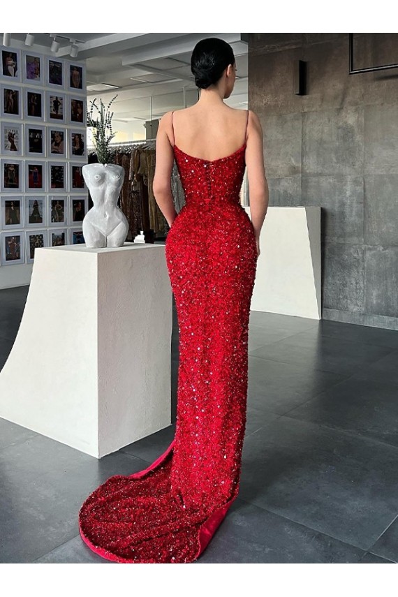 Red Velvet Sequin V-Neck Sweep Train Sleeveless Evening Gown / Prom Dress Southampton