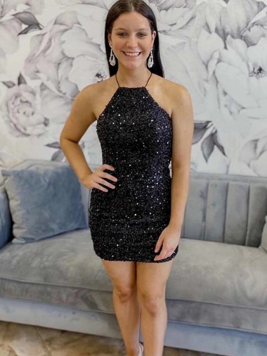 Velvet Sequin Halter Neck Short Sleeveless Prom Dress Southampton