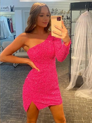 Velvet Sequin One Shoulder Short Long Sleeves Prom Dress / Evening Dress Southampton