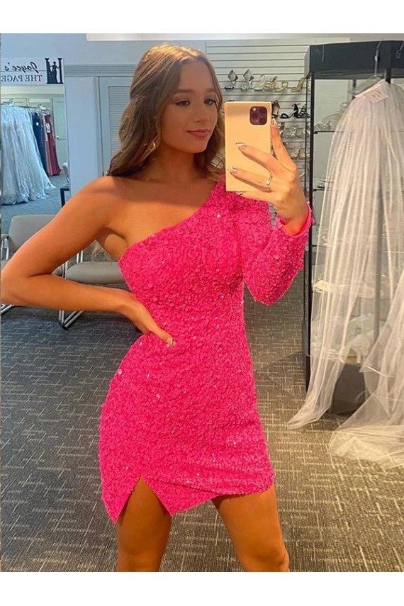 Velvet Sequin One Shoulder Short Long Sleeves Prom Dress / Evening Dress Southampton
